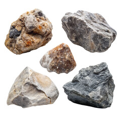 Obraz premium Five Rocks of Varying Colors and Textures on Transparent Background, Isolated Mineral Stones