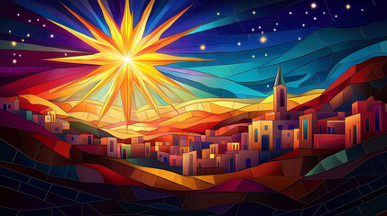 Bethlehem nativity scene in stained glass style with bright star
