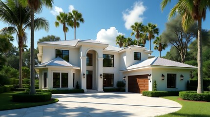 Luxurious white mansion with palm trees and lush greenery on a sunny day