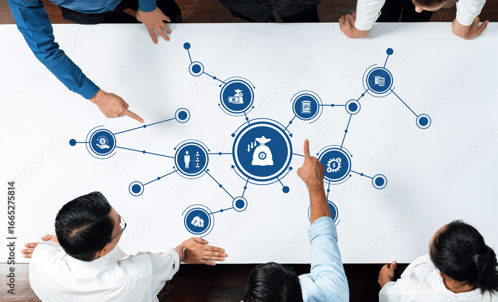 Poster a dynamic business meeting where a diverse team collaborates on data analysis. they point at interco
