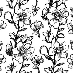 Jasmine Flower Doodle Pattern, bold thick solid black hand-drawn jasmine blossoms with organic curves, minimal high-visibility line art, plain white background, repeatable vector for perfume packaging