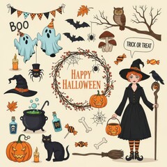 Halloween illustration with witch, ghosts, pumpkins, bats, and other spooky elements