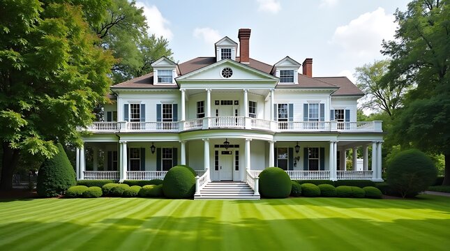 Majestic white victorian mansion with wrap around porch and lush green lawn on a sunny day - Powered by Adobe