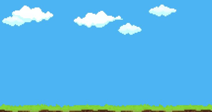Castle on the hill. Animation of old style pixel game. Pixel art game background. Ground, grass, sky, tree, clouds and stars. Pixel art Game Design 8 bit video vector. Old school background for game.