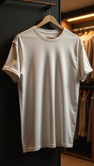 A cream-colored t-shirt hangs on a wooden hanger.