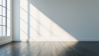 Fototapeta premium The Sun'S Perspective Casting Shadows On A White Empty Room And Dark Laminate Wood Floor In A Classic Interior Design.