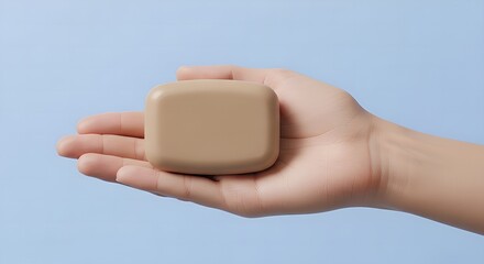 Gentle hand holding a small brown object concept against a soft blue background