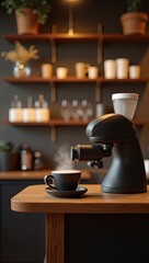 Obraz premium Steam rises from a modern coffee grinder dispensing coffee into a cup.