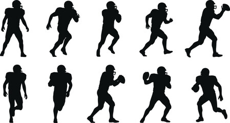 American football player silhouette set, black vector action poses, running, throwing, catching, defense, helmet, sports movement illustration