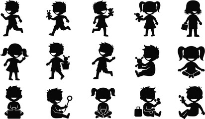 Children silhouette icon set, boys and girls in playful poses, black vector illustrations of childhood activities, standing, sitting, running