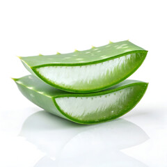 Green aloe vera leaf cut open showing clear gel isolated on pure white background