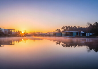 Naklejka premium Sunrise over lake with modern houses and fog reflection