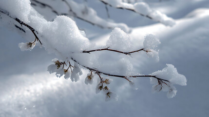 Obraz premium Snow-covered branch with delicate flowers under soft winter light in a serene landscape