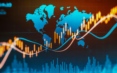 Global financial markets trend analysis featuring world map and stock market data visualization