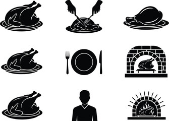 Collection of roasted chicken and dining icon silhouettes for culinary themes