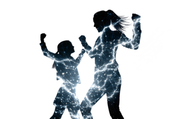 Empowered mother and child with neural network connections, isolated on white transparent background