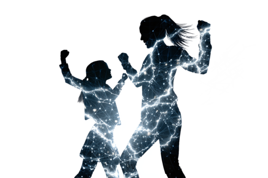 Empowered mother and child with neural network connections, isolated on white transparent background