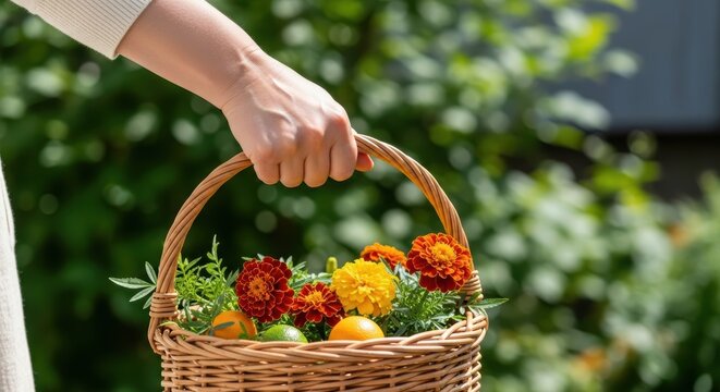Woman holding basket with vibrant marigolds and citrus fruits in a lush garden setting - Powered by Adobe