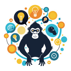 Creative silhouette of ape surrounded by innovative idea bubbles, symbolizing brainstorming, imagination, problem solving, and modern business concept art