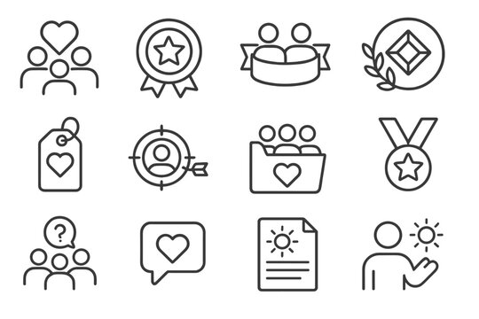 Customer Service Icons. Line style icons of customer service culture: team support heart icon, service excellence badge,