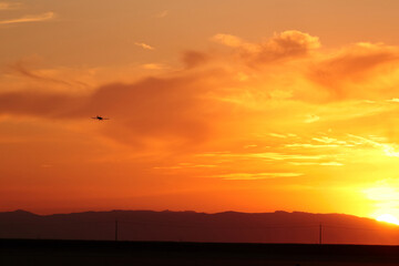 The silhouette of an airplane flying in the rays of the red sun setting on the horizon