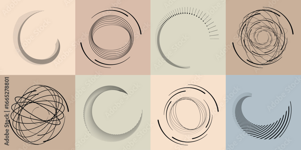 Poster lines and spirals in circle form .rotate rounded shape vector .rotating dots form a circle .rotating