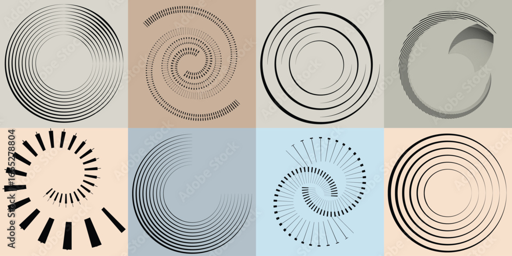 Poster lines and spirals in circle form .rotate rounded shape vector .rotating dots form a circle .rotating