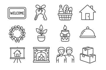 Housewarming Icons. Line style icons of housewarming party: welcome mat, keys with ribbon, gift basket, new home icon, door wreath