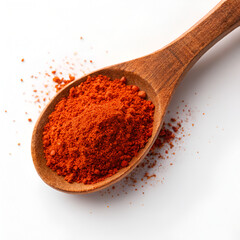 Chili powder in wooden spoon isolated on pure white photorealistic background