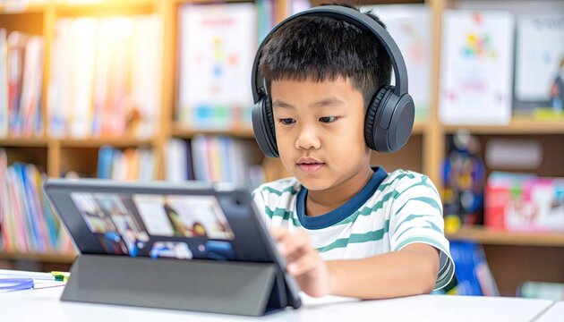Focused Boy Using Tablet for Online Education in Library Setting