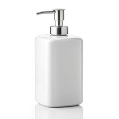White ceramic soap dispenser with pump isolated on pure white photorealistic background