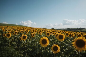 Obraz premium Sunflowers blooming hillside, sunny day, rural landscape, summer