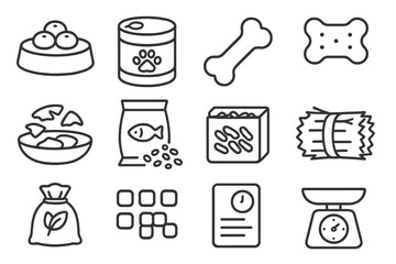 Pet Food Icons. Line style icons of pet food and treats: dry kibble, wet food can, treat bone, biscuit snack, fish flakes, bird