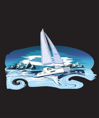 An artistic illustration of a sailboat navigating through icy, stylized water with snow-capped mountains and icebergs in the background.