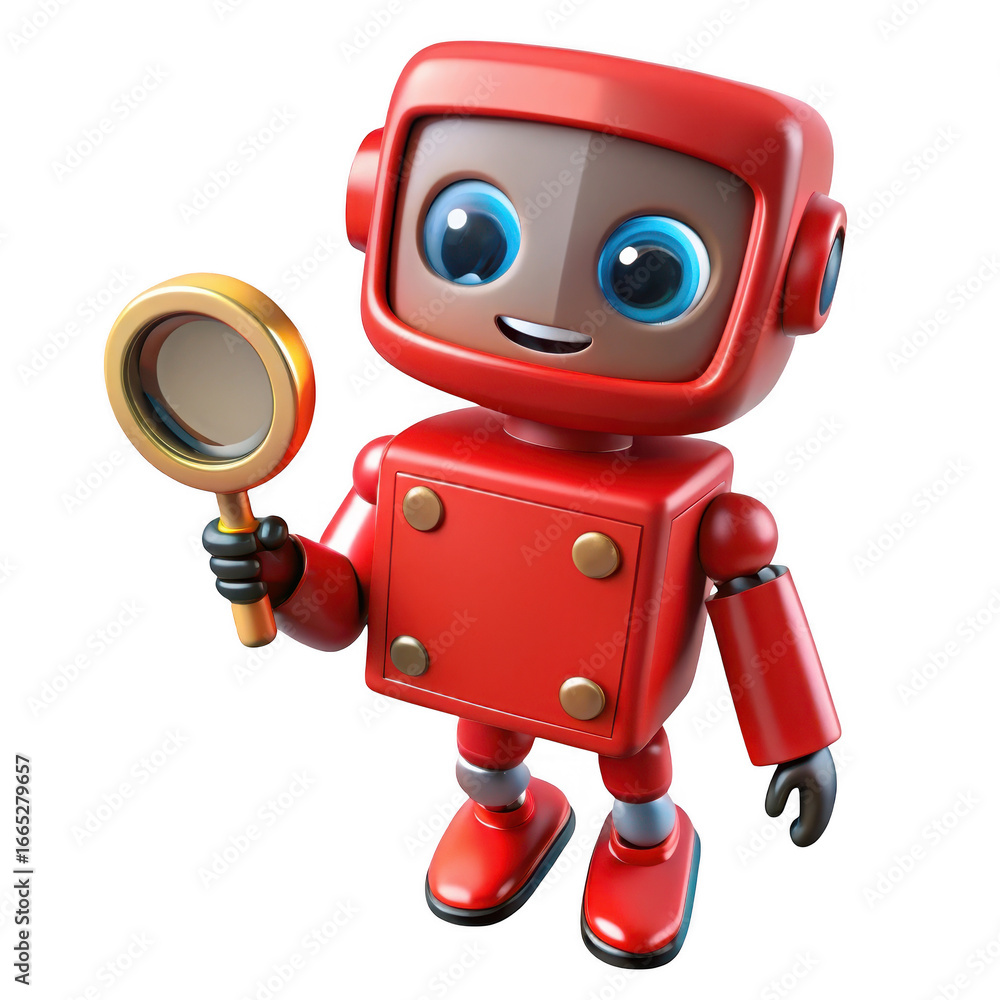 Poster 3d adorable red robot character holding magnifying glass examining something transparent background