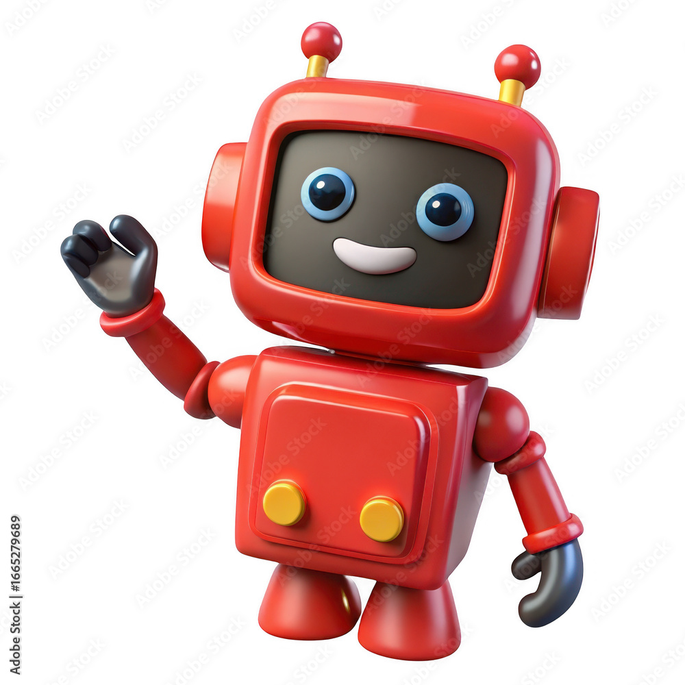 Poster 3d friendly red robot character waving hello animated style transparent background