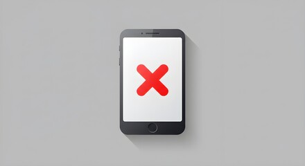 Smartphone with Red X on Screen Casting Shadow on Gray Background &ndash; Flat Minimal Design Representing Device Error, Call Failure, Connection Problem, App Crash, or Mobile Communication Issue