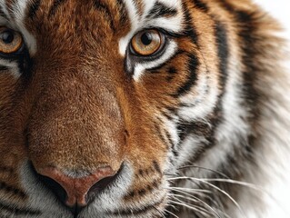 Close-up view of a tiger showcasing its striking features and intense gaze in a natural habitat setting