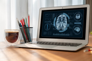Medical science technology and futuristic healthcare virtual computer software analyze human health...