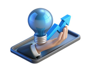 3d hand holding a light bulb with growth arrow isolated on transparent background