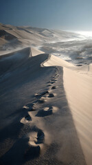 Footprints on the sandy dunes of a coastal landscape during the early morning light