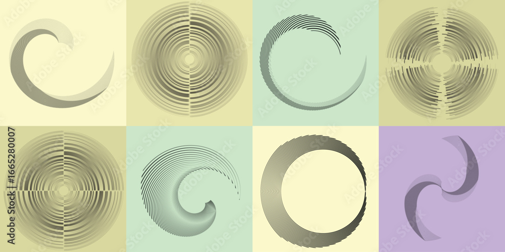 Poster lines and spirals in circle form .rotate rounded shape vector .rotating dots form a circle .rotating