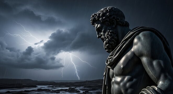 Closeup of a muscular statue against a stormy sky with lightning strikes, evoking a sense of ancient power, mythology, and the dramatic forces of nature