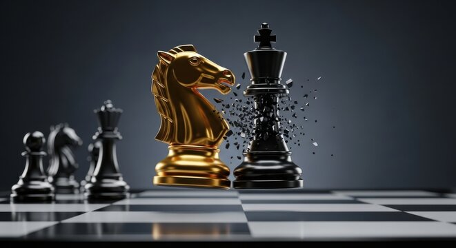 Golden Knight Attacks Black King on Chessboard