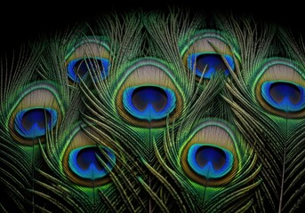 Naklejka premium Closeup of vibrant peacock feathers with intricate eye patterns against a dark background