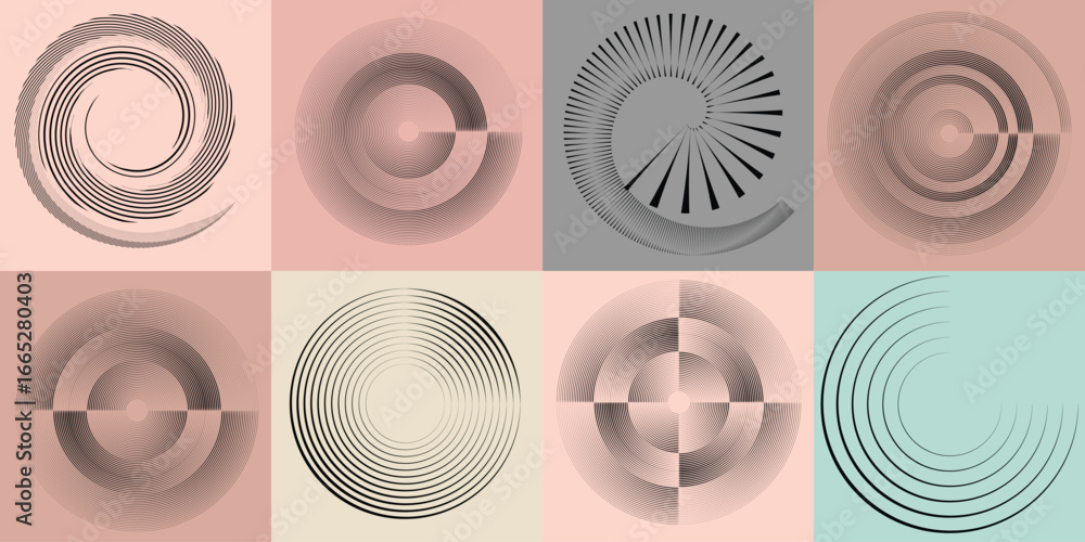 Poster lines and spirals in circle form .rotate rounded shape vector .rotating dots form a circle .rotating