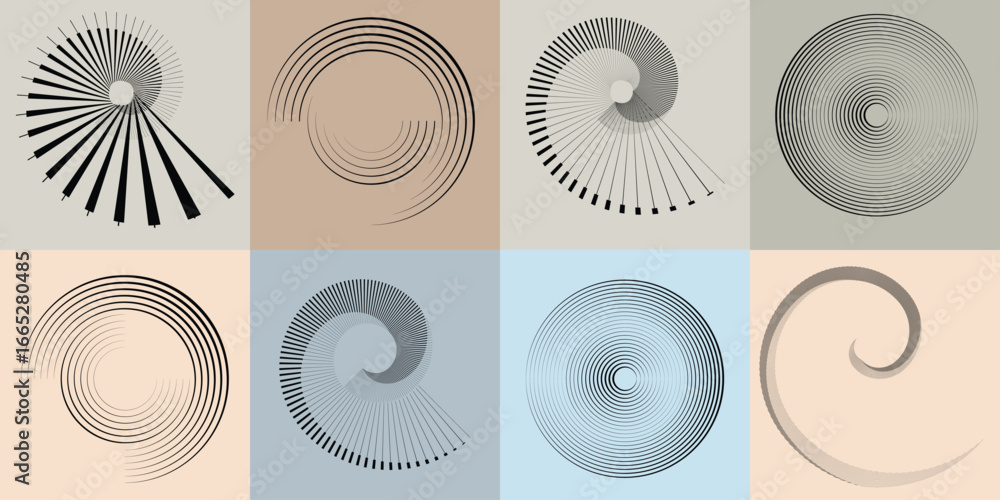 Poster lines and spirals in circle form .rotate rounded shape vector .rotating dots form a circle .rotating