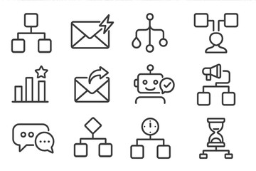 Marketing Automation Icons. Line style icons of marketing automation tools: workflow builder, email trigger icon, drip logic tree,