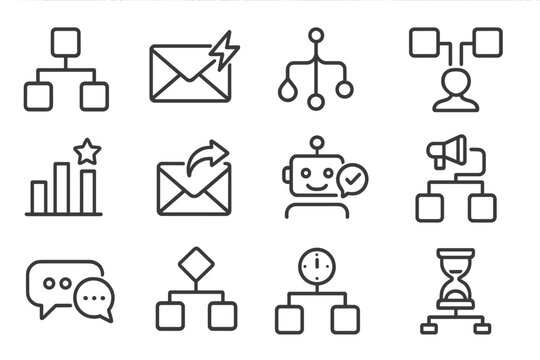 Marketing Automation Icons. Line style icons of marketing automation tools: workflow builder, email trigger icon, drip logic tree,