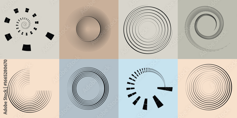 Poster lines and spirals in circle form .rotate rounded shape vector .rotating dots form a circle .rotating